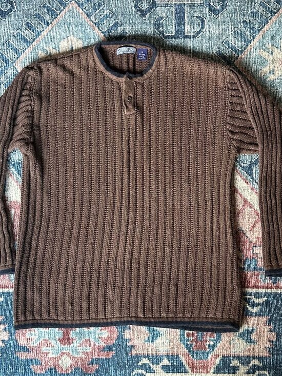 Vintage Structure Brown Henley Sweater Mens M Ribbed Y2K 90s Classic Retro Soft - Picture 1 of 12